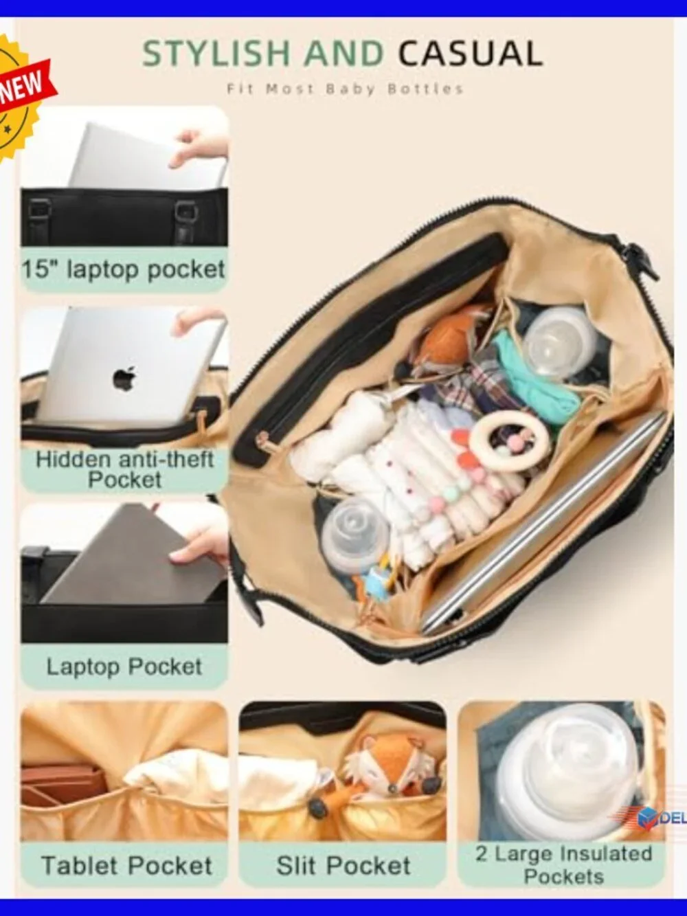 Large Convertible Diaper Backpack Tote with Changing Pad 14 Pockets Waterproof